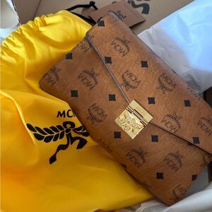 MCM Cognac Monogram Envelope Clutch